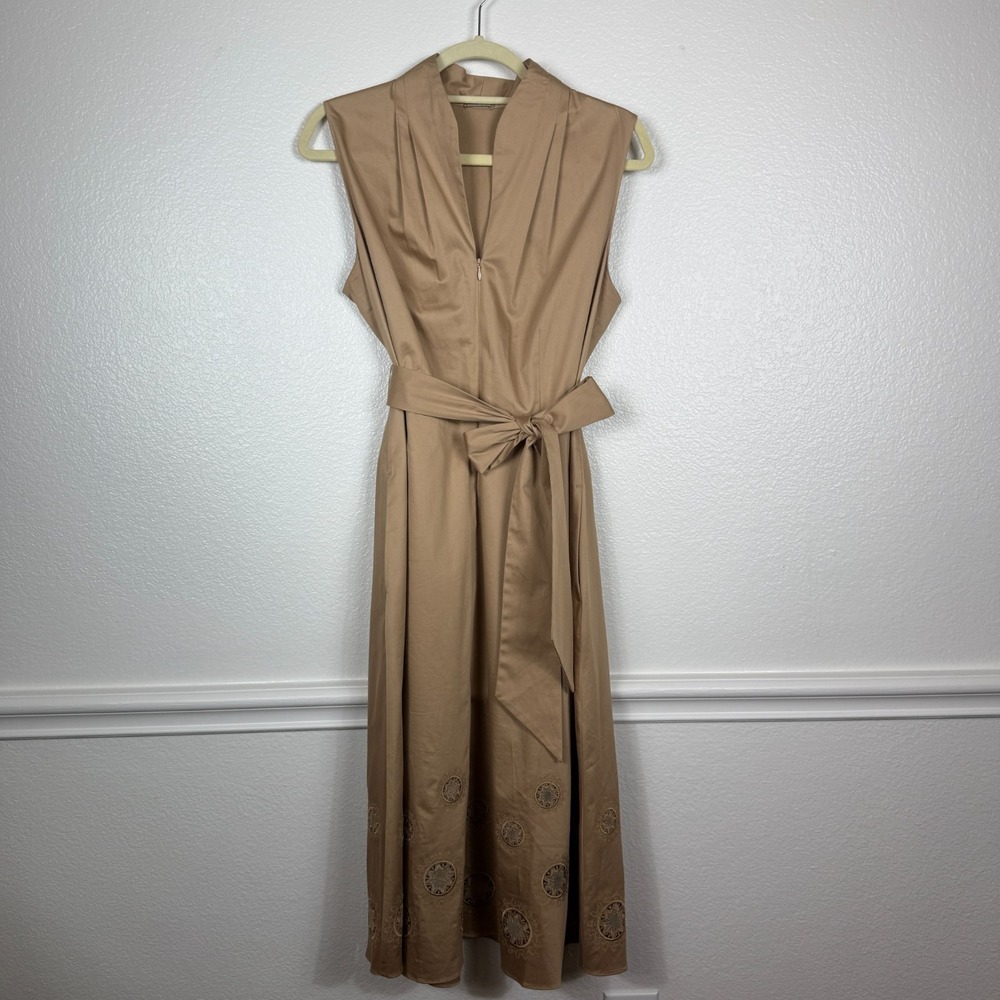 Elie Tahari Size 12 Camel Tan Dress Eyelet Sleeveless Belt Midi Pockets Fall